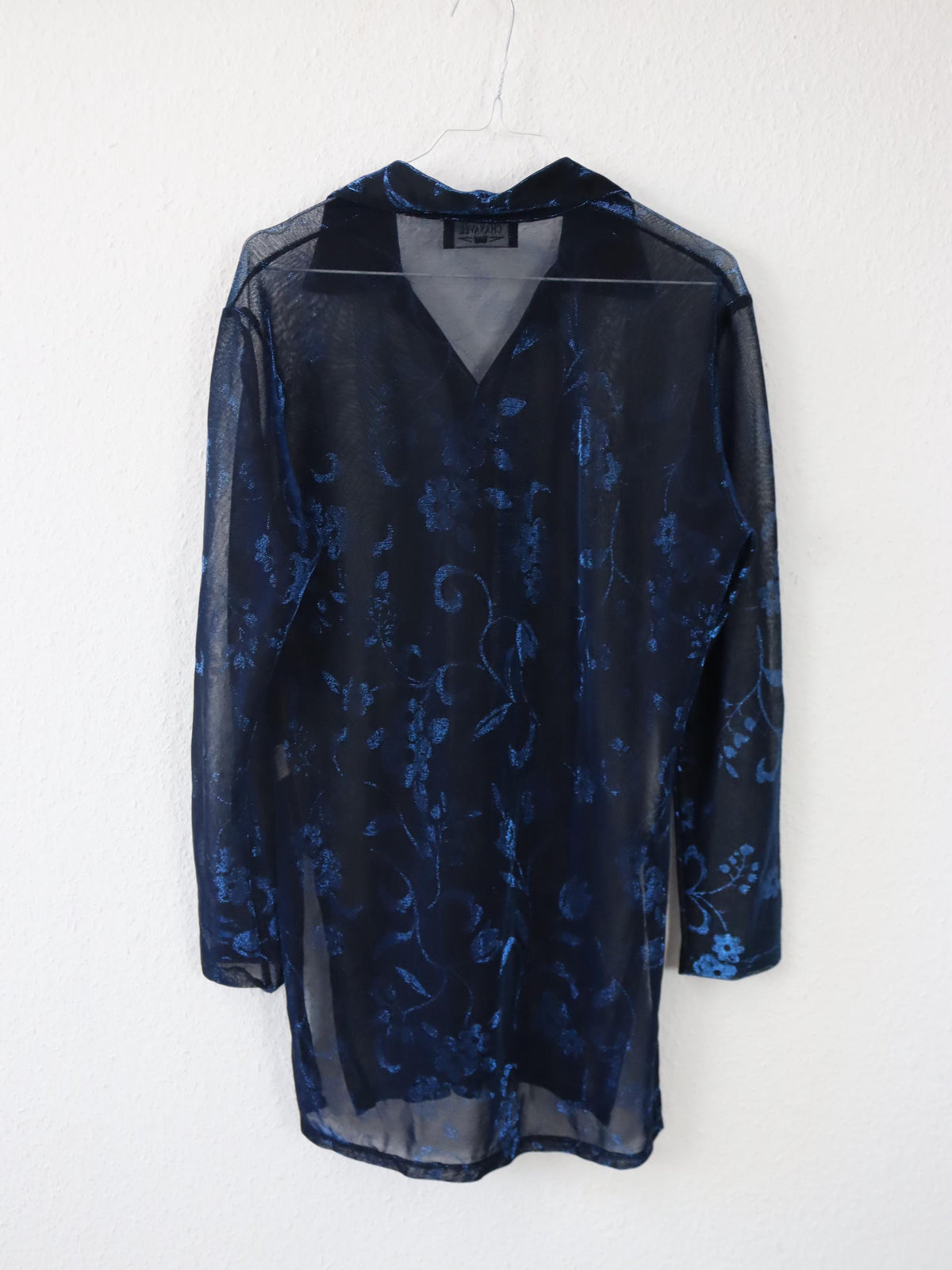 Vintage 80er 90er CHANAVEE Bluse langarm Mesh blau schwarz Metallic L