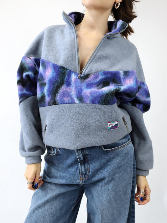 Vintage 80er 90er Fleecepullover Stehkragen crazy pattern grau lila M