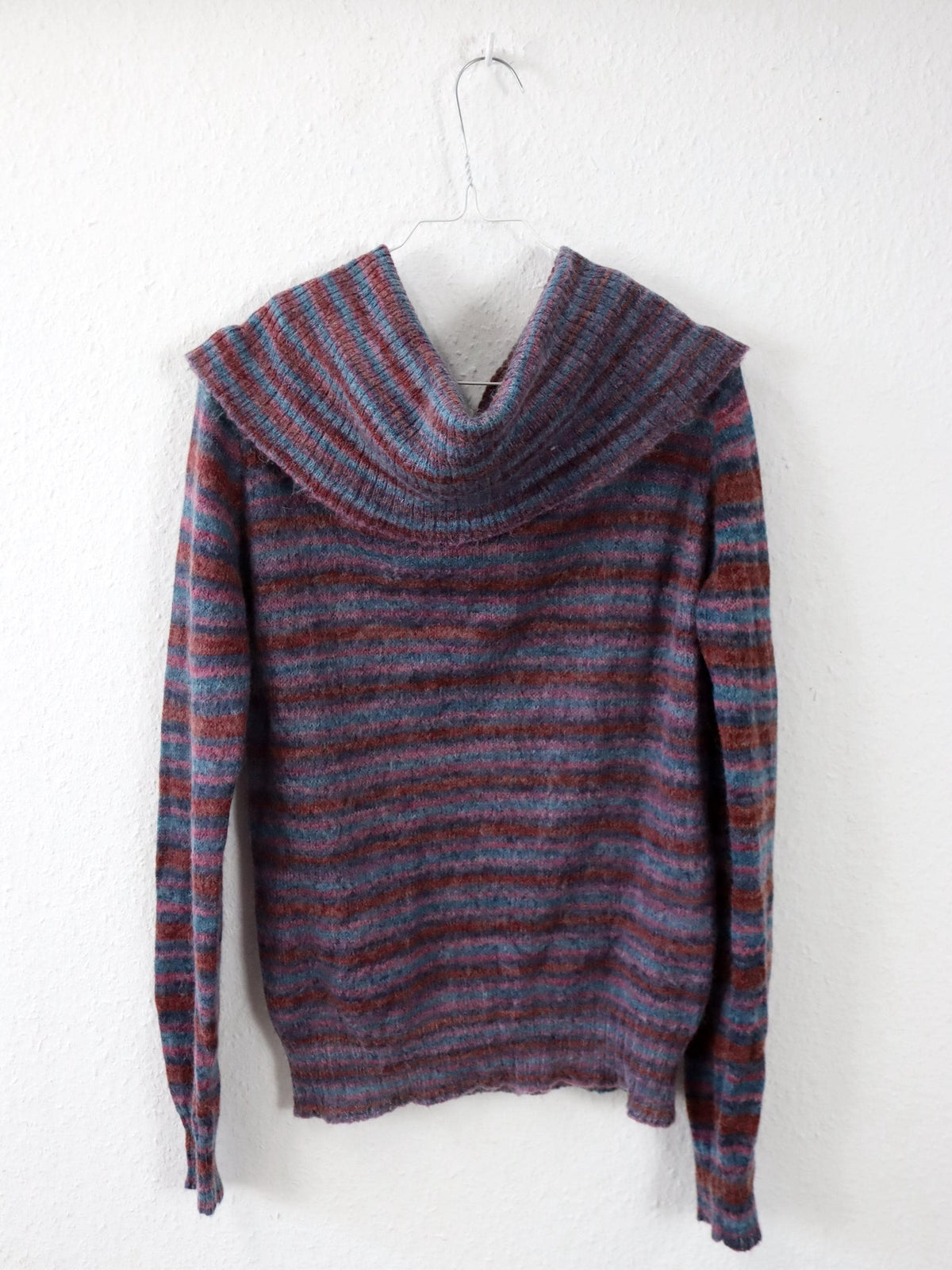 Vintage 90er 00er Y2k Oberteil Pullover Mohair gestreift Carmen Ausschnitt Schulterfrei M
