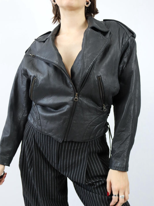 Vintage 80er 90er Bikerjacke Lederjacke schwarz Schnürung schwarz 40 M