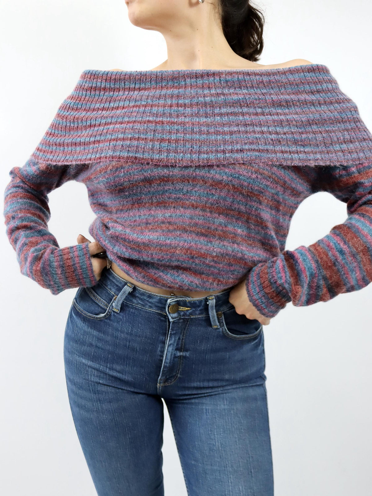 Vintage 90er 00er Y2k Oberteil Pullover Mohair gestreift Carmen Ausschnitt Schulterfrei M