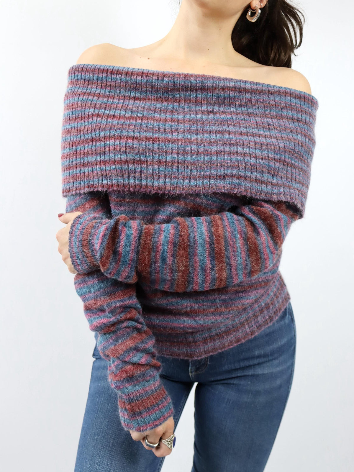 Vintage 90er 00er Y2k Oberteil Pullover Mohair gestreift Carmen Ausschnitt Schulterfrei M