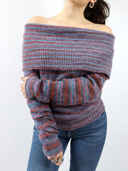 Vintage 90er 00er Y2k Oberteil Pullover Mohair gestreift Carmen Ausschnitt Schulterfrei M