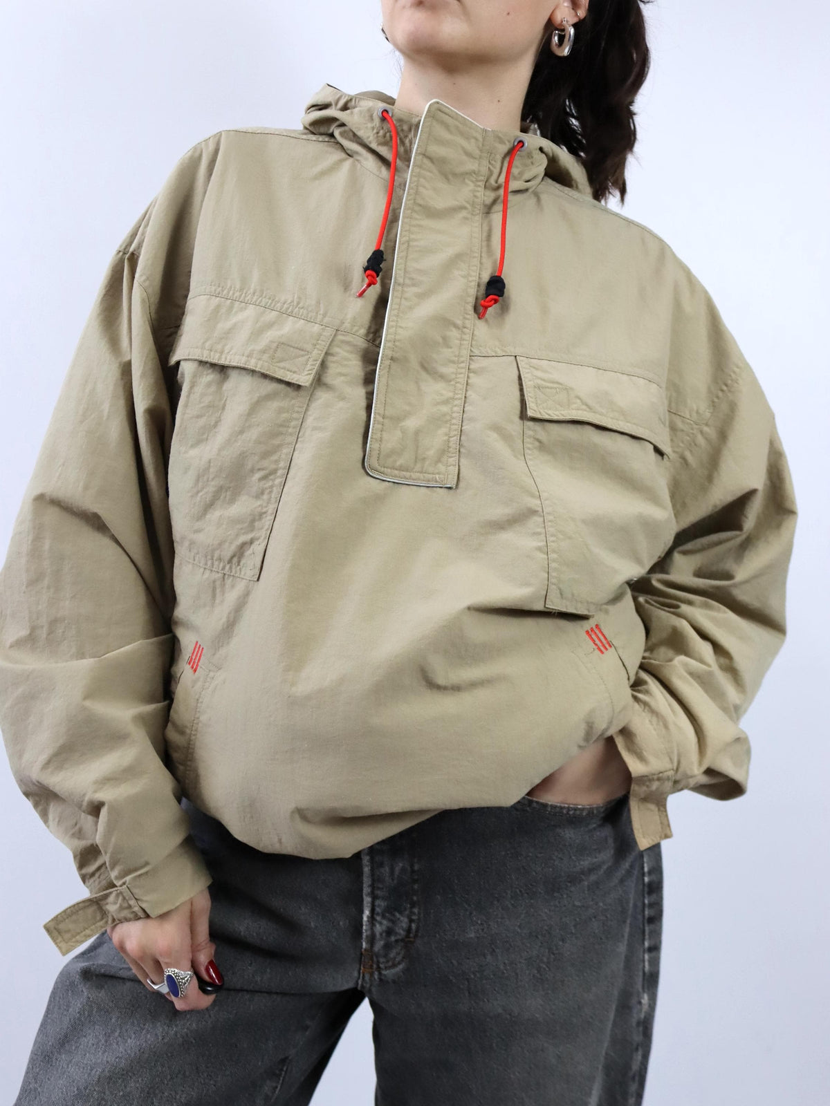 Vintage 80er 90er ADIDAS Windbreaker Jacke Überziehjacke beige Kapuze innen Fleece M