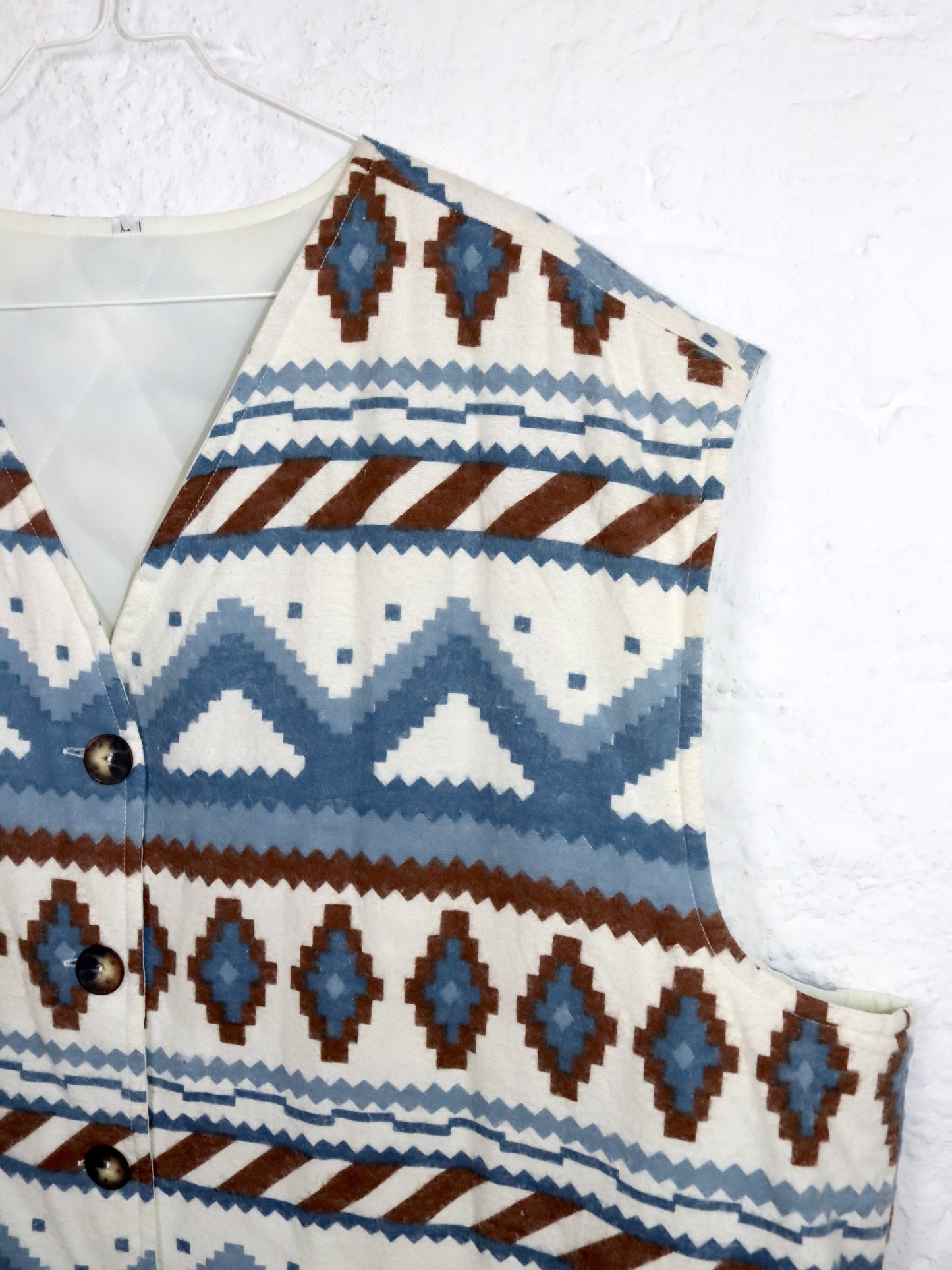 Vintage 80s 90s vest patterned button placket white blue brown XL