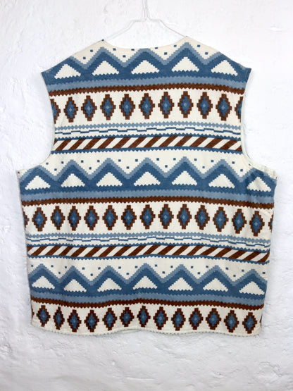 Vintage 80s 90s vest patterned button placket white blue brown XL