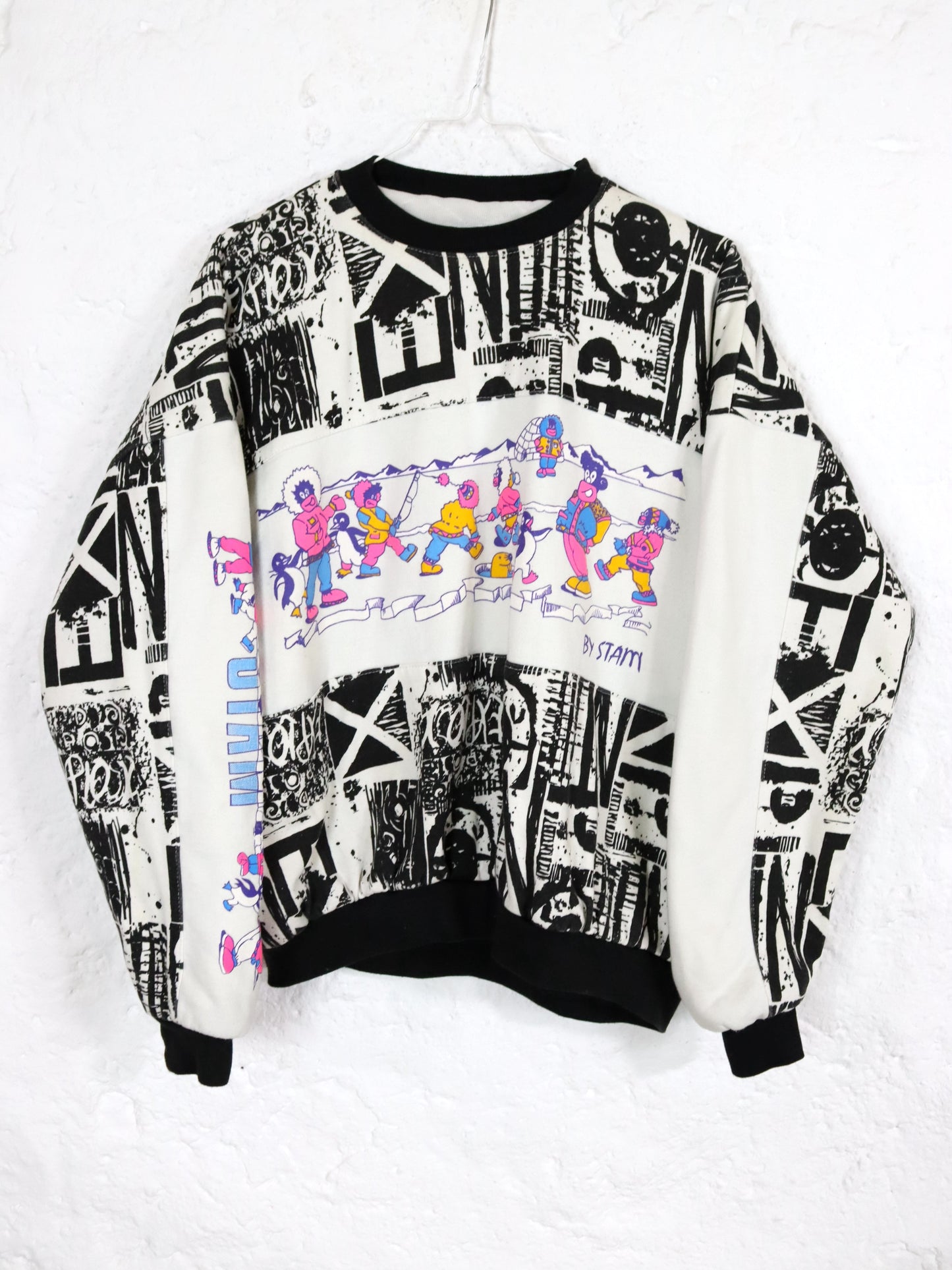 Vintage 80er 90er STAM Sweatshirt Pullover gefüttert crazy pattern bunt S