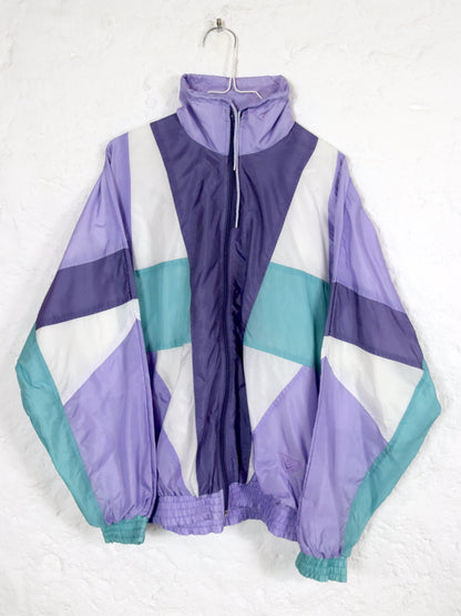 Vintage 80s 90s NEW LINE tracksuit jacket stand-up collar shiny white purple turquoise M