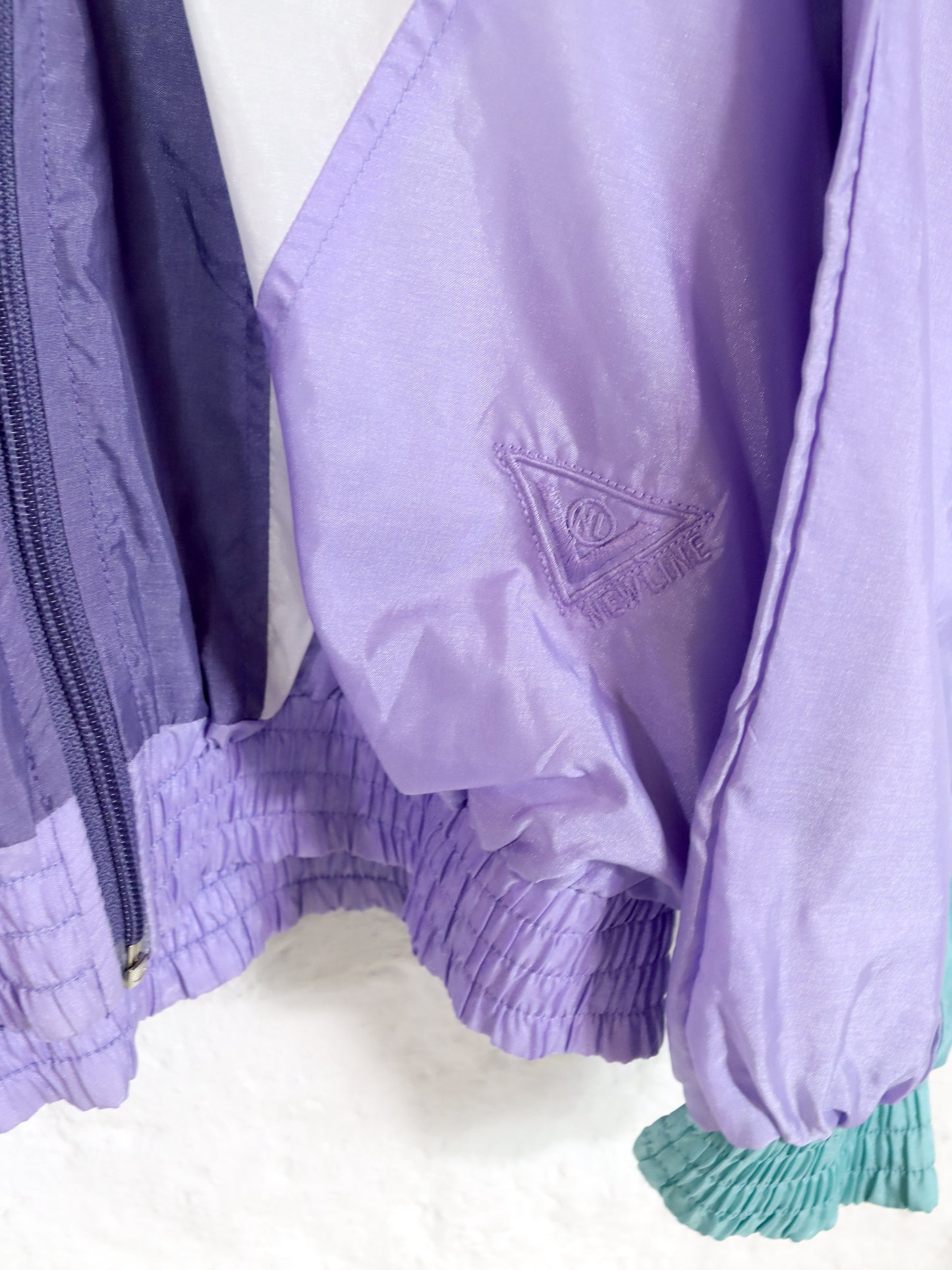 Vintage 80s 90s NEW LINE tracksuit jacket stand-up collar shiny white purple turquoise M