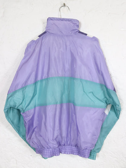 Vintage 80s 90s NEW LINE tracksuit jacket stand-up collar shiny white purple turquoise M