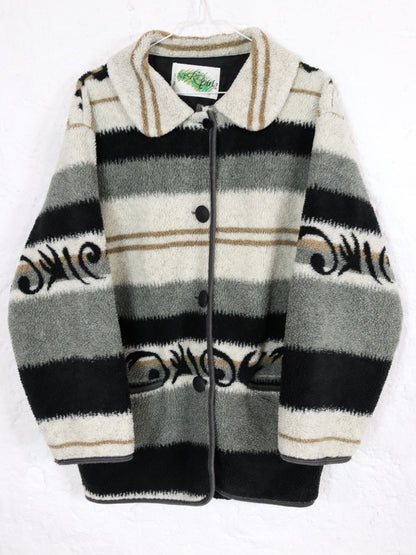 Vintage 80er 90er VERDE PIU Mantel Jacke Teddyfleece Navajo weiß grau leicht gefüttert M