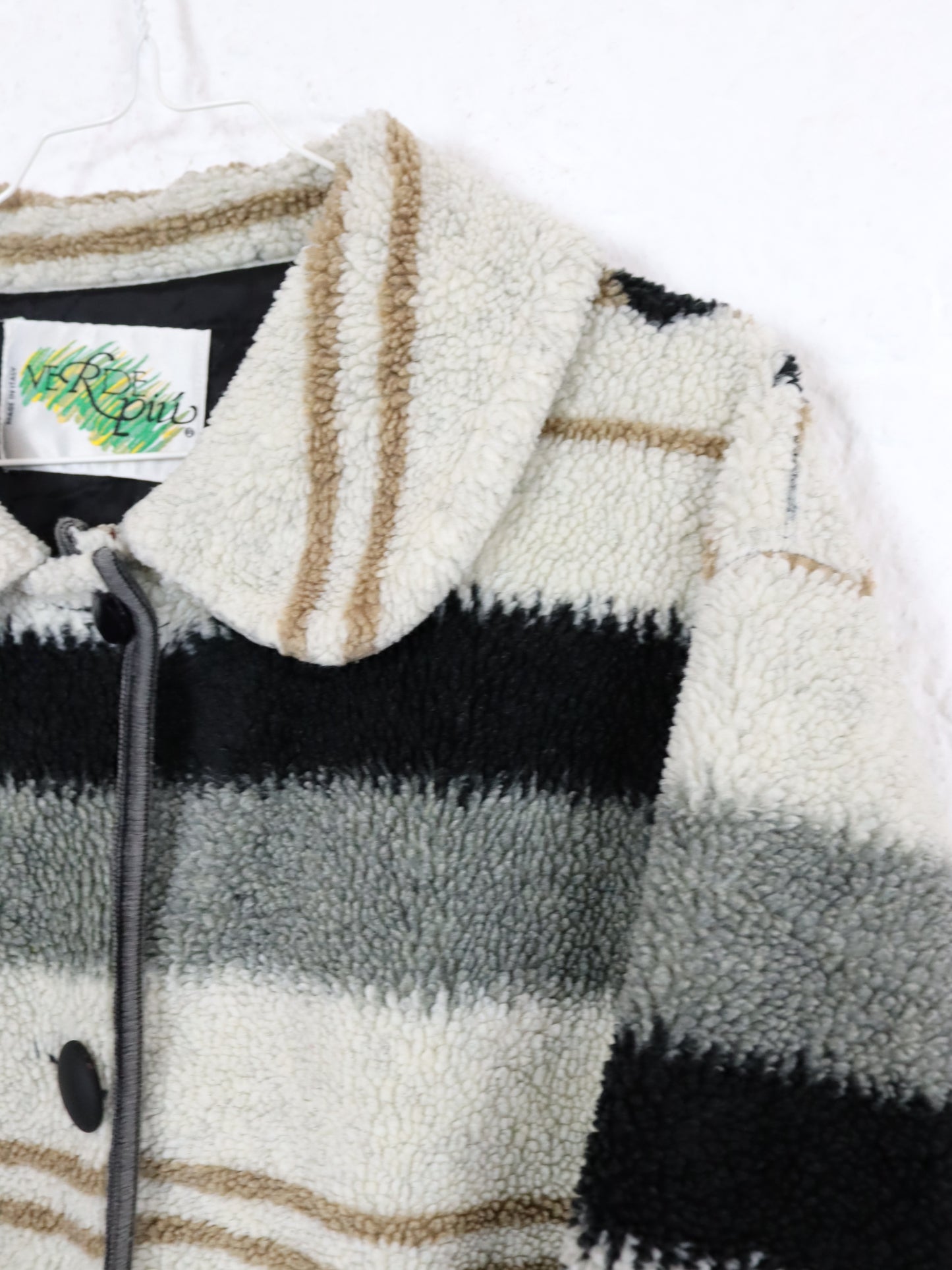 Vintage 80er 90er VERDE PIU Mantel Jacke Teddyfleece Navajo weiß grau leicht gefüttert M