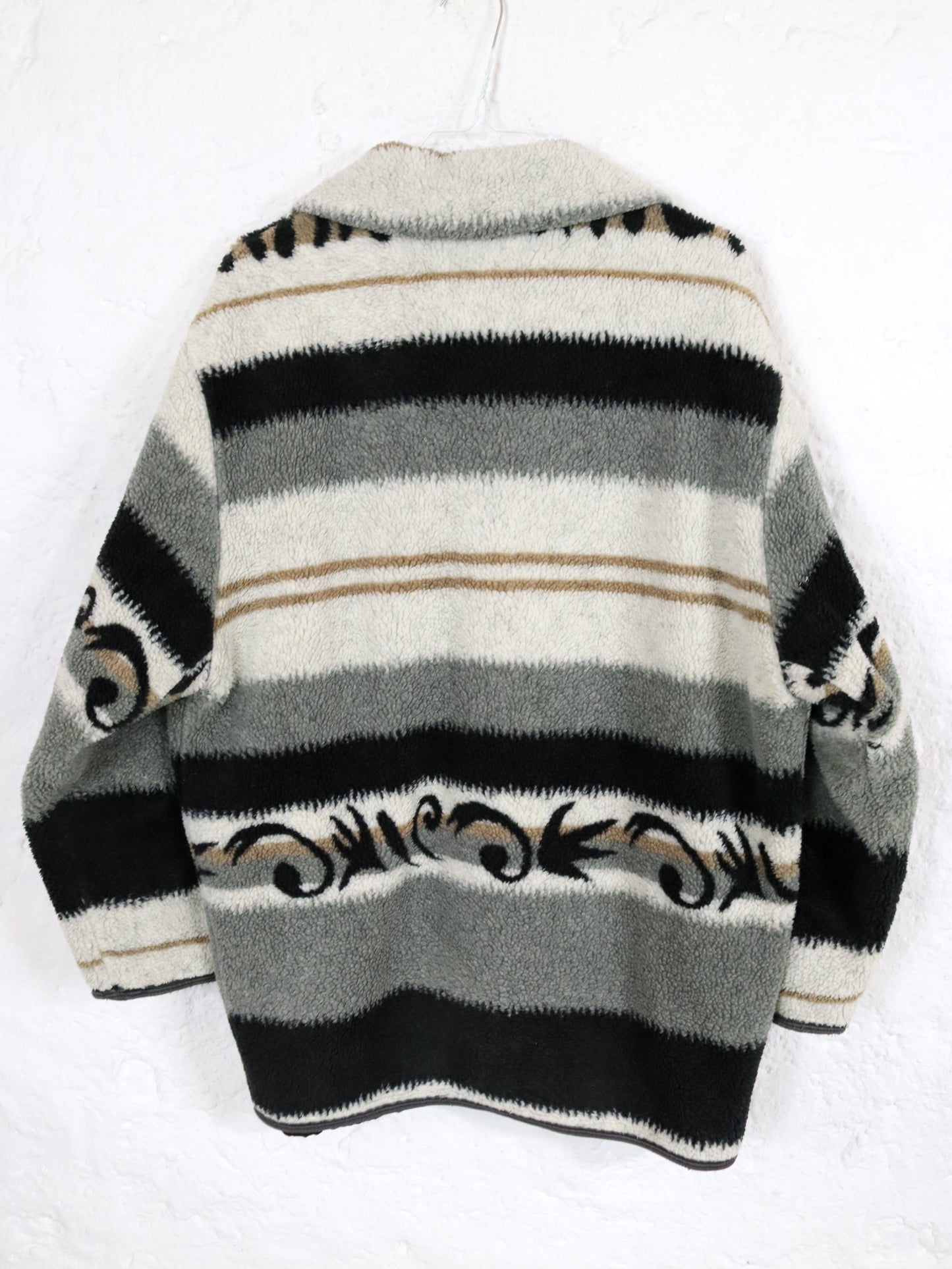 Vintage 80er 90er VERDE PIU Mantel Jacke Teddyfleece Navajo weiß grau leicht gefüttert M