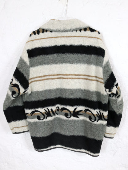 Vintage 80er 90er VERDE PIU Mantel Jacke Teddyfleece Navajo weiß grau leicht gefüttert M