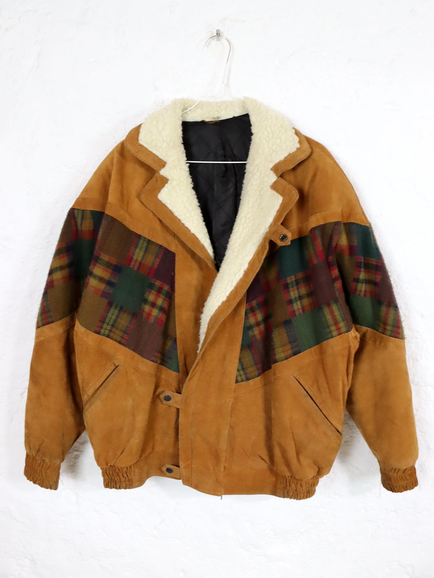 Vintage 80s 90s Navajo jacket lined suede checked wool brown shoulder pads 50 L