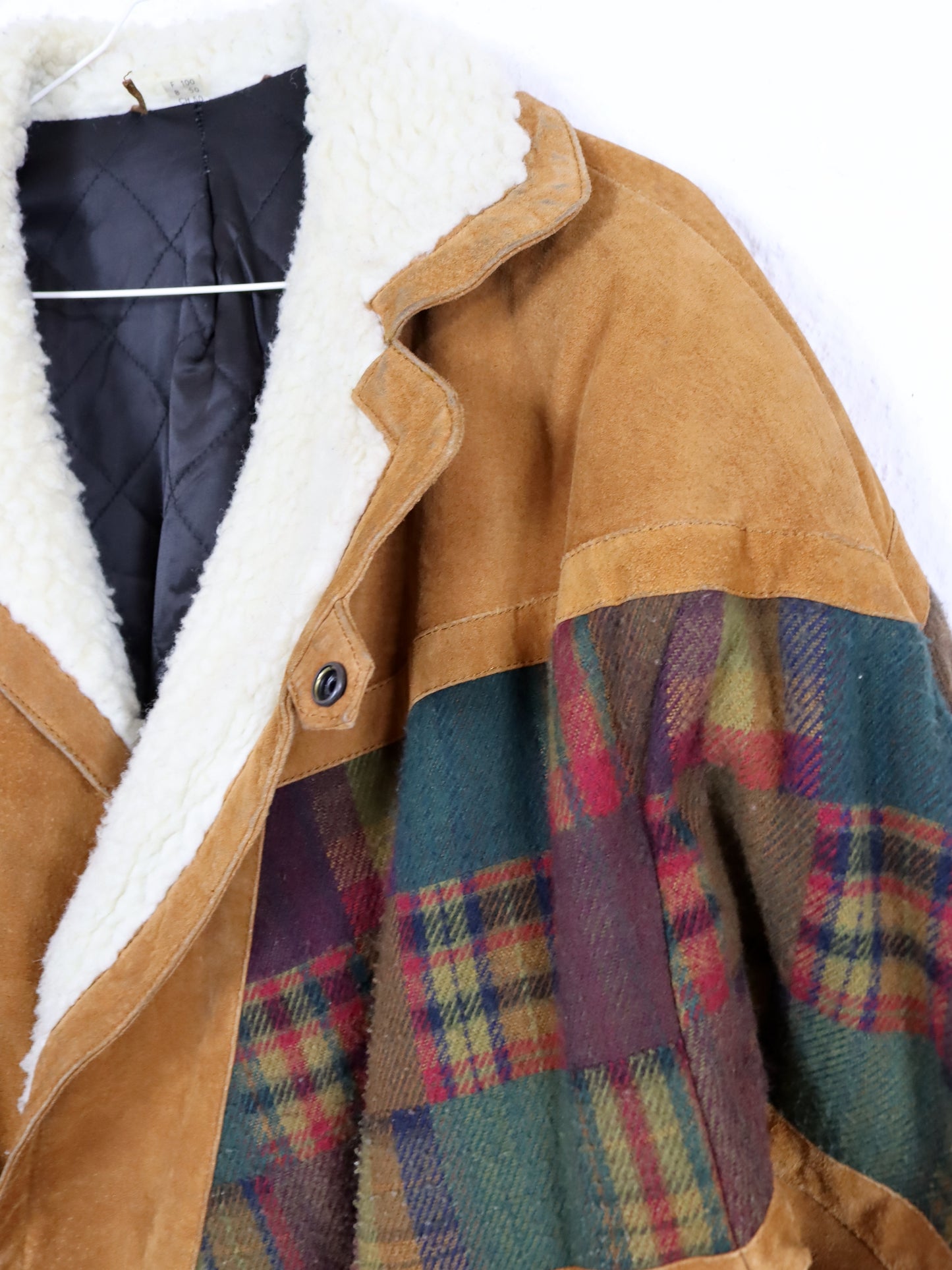 Vintage 80s 90s Navajo jacket lined suede checked wool brown shoulder pads 50 L
