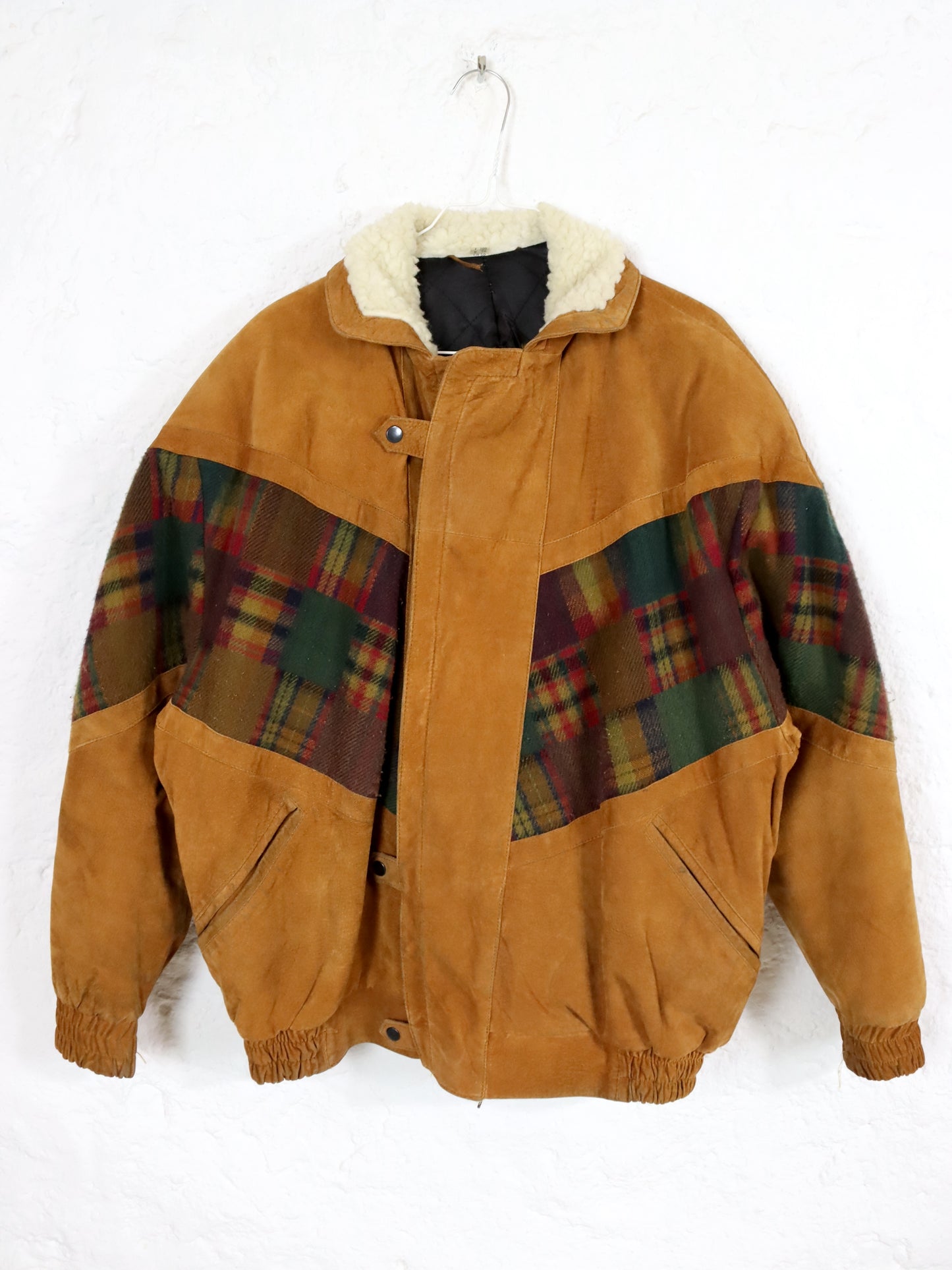 Vintage 80s 90s Navajo jacket lined suede checked wool brown shoulder pads 50 L