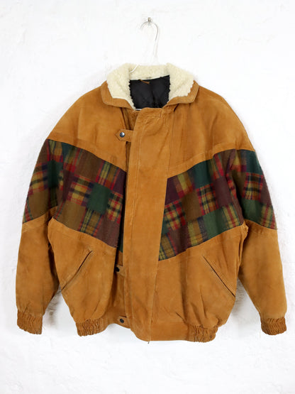 Vintage 80s 90s Navajo jacket lined suede checked wool brown shoulder pads 50 L