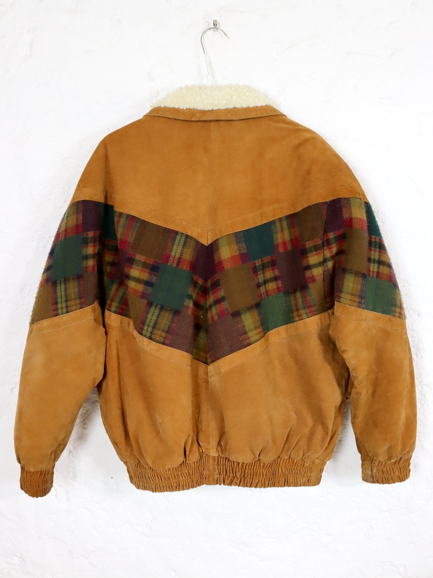 Vintage 80s 90s Navajo jacket lined suede checked wool brown shoulder pads 50 L