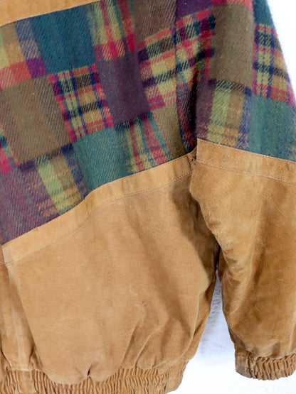 Vintage 80s 90s Navajo jacket lined suede checked wool brown shoulder pads 50 L