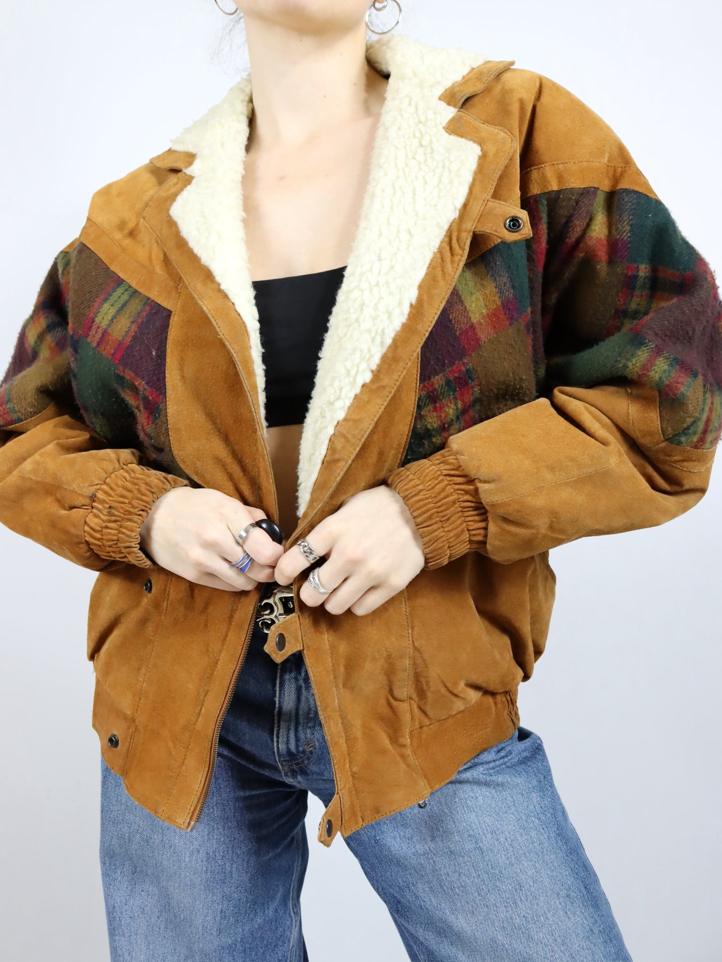 Vintage 80s 90s Navajo jacket lined suede checked wool brown shoulder pads 50 L
