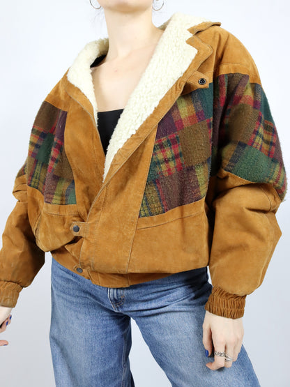 Vintage 80s 90s Navajo jacket lined suede checked wool brown shoulder pads 50 L