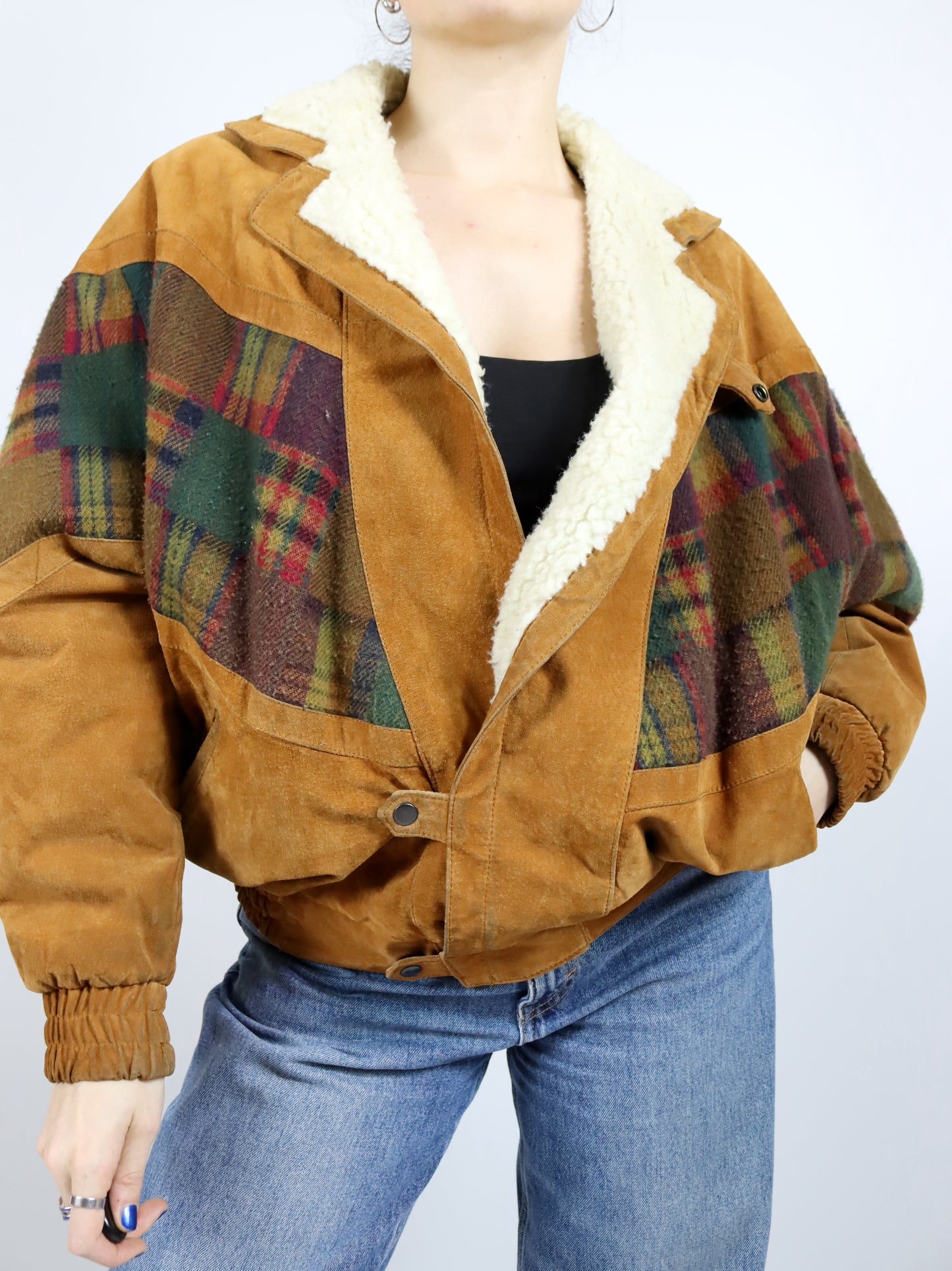 Vintage 80s 90s Navajo jacket lined suede checked wool brown shoulder pads 50 L