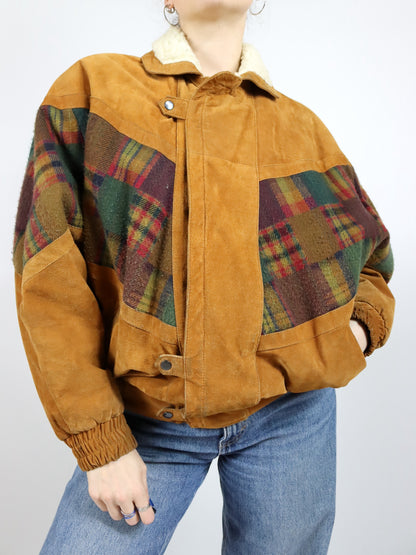 Vintage 80s 90s Navajo jacket lined suede checked wool brown shoulder pads 50 L