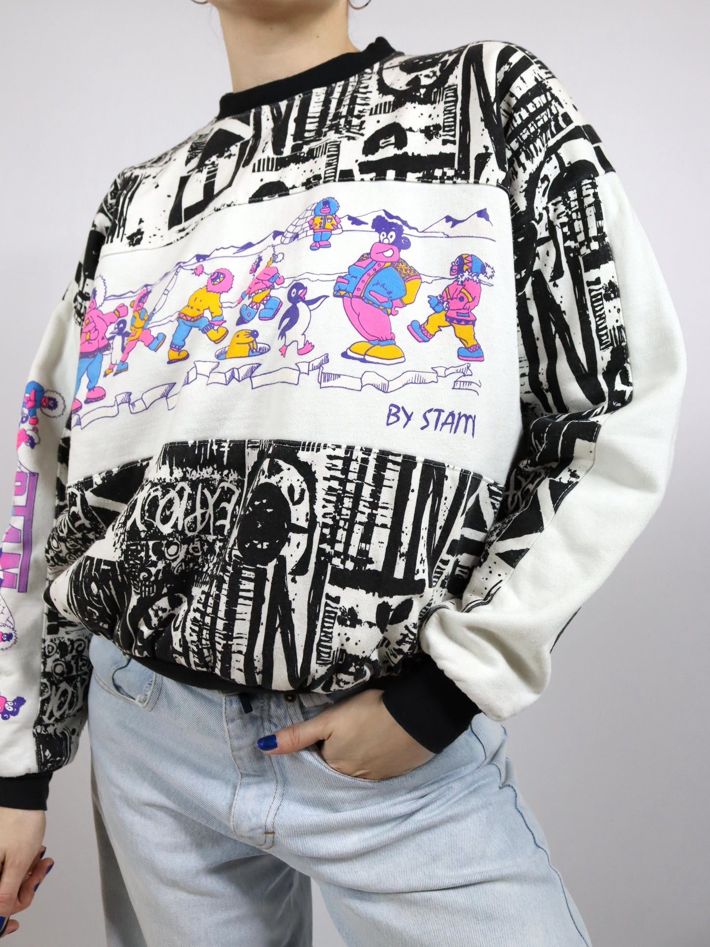 Vintage 80er 90er STAM Sweatshirt Pullover gefüttert crazy pattern bunt S
