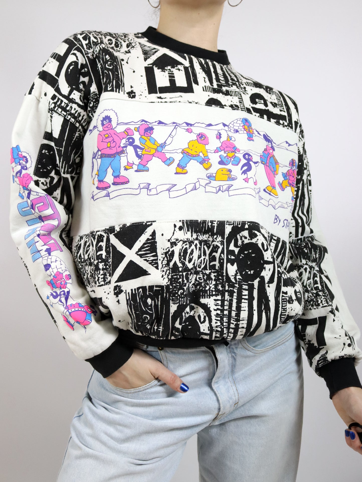 Vintage 80er 90er STAM Sweatshirt Pullover gefüttert crazy pattern bunt S