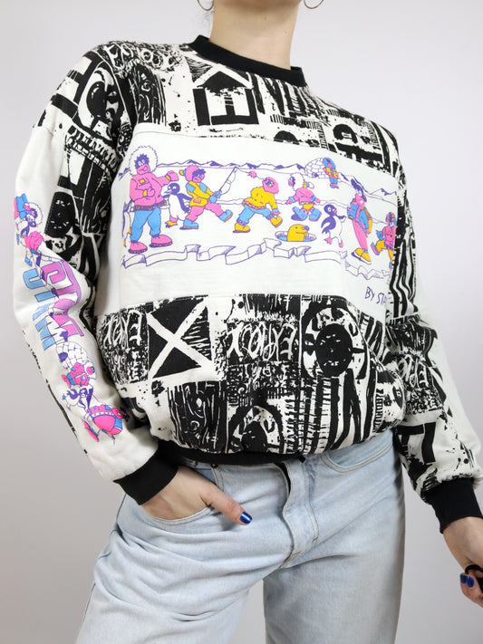 Vintage 80er 90er STAM Sweatshirt Pullover gefüttert crazy pattern bunt S