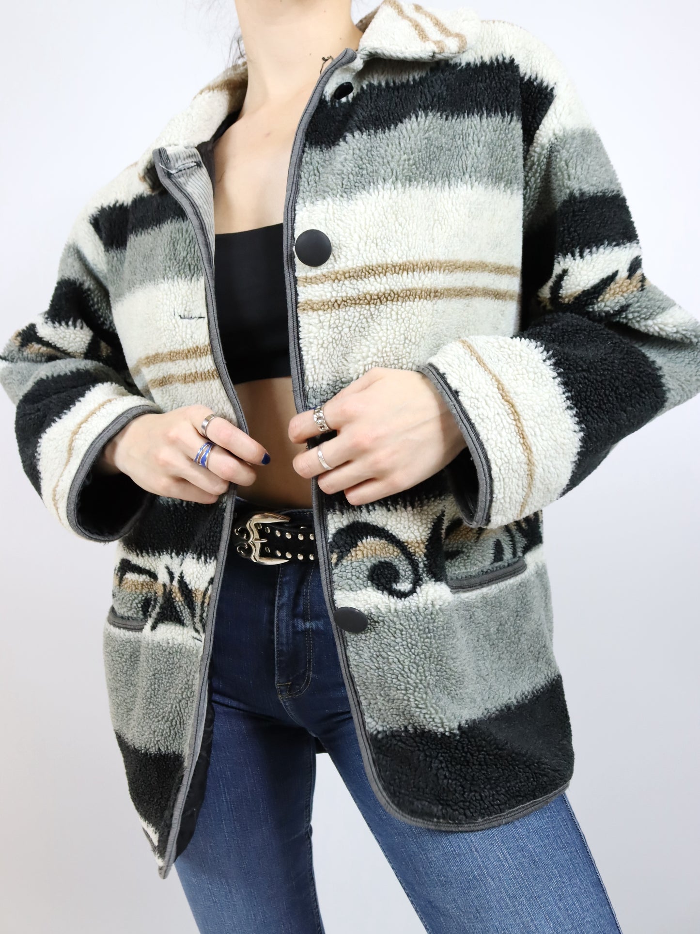 Vintage 80er 90er VERDE PIU Mantel Jacke Teddyfleece Navajo weiß grau leicht gefüttert M