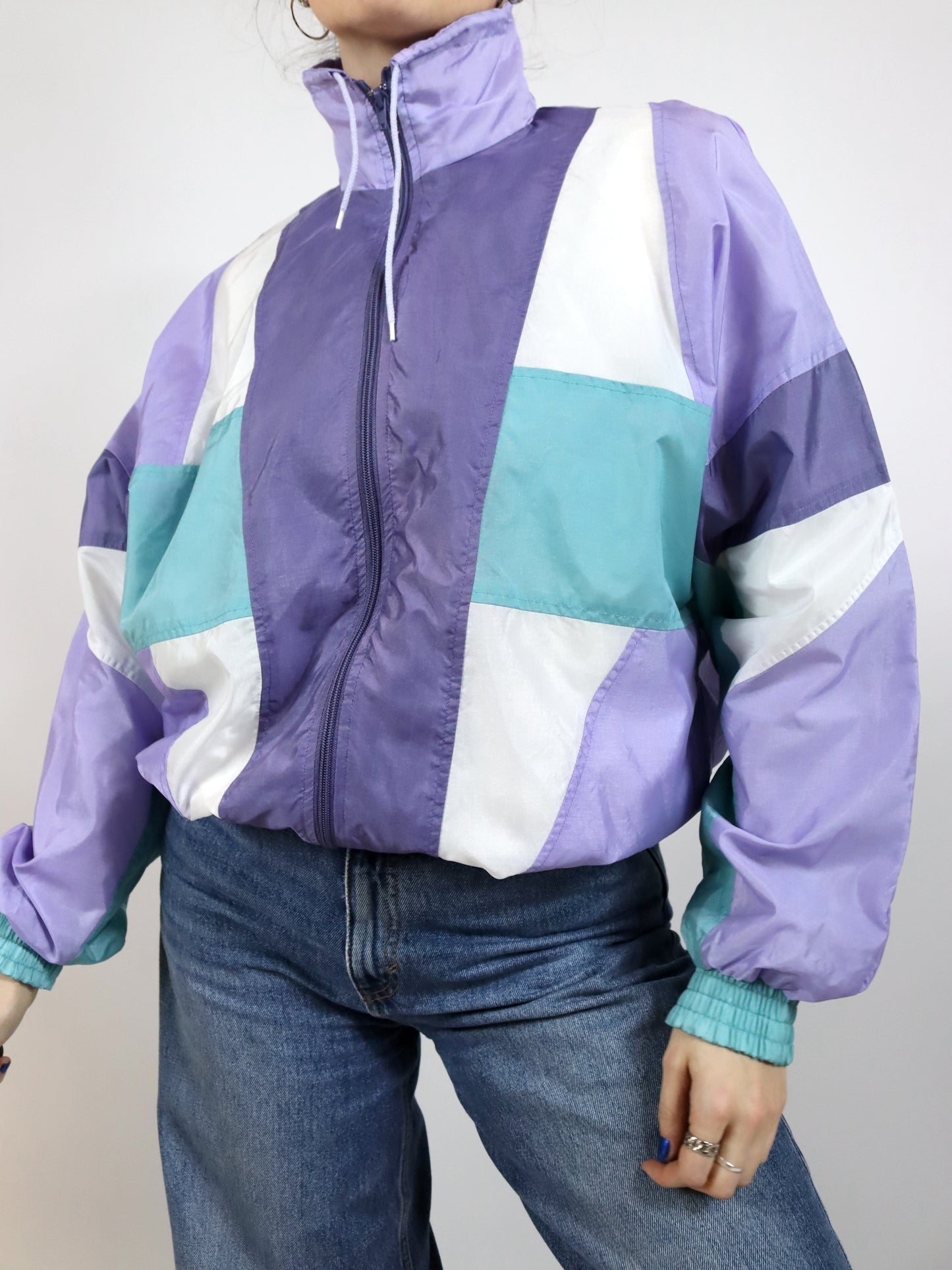 Vintage 80s 90s NEW LINE tracksuit jacket stand-up collar shiny white purple turquoise M