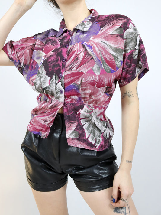 Vintage 80s 90s blouse short sleeve floral pattern crazy pattern fitted 38