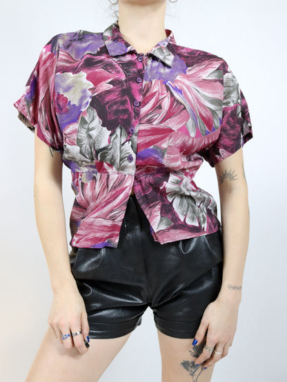 Vintage 80s 90s blouse short sleeve floral pattern crazy pattern fitted 38