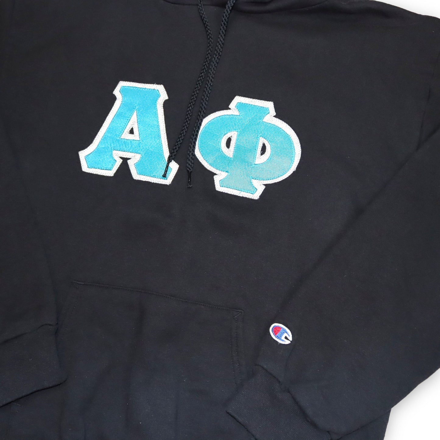Vintage Hoodie Pullover Aufdruck College türkis schwarz