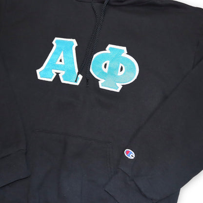 Vintage Hoodie Pullover Aufdruck College türkis schwarz