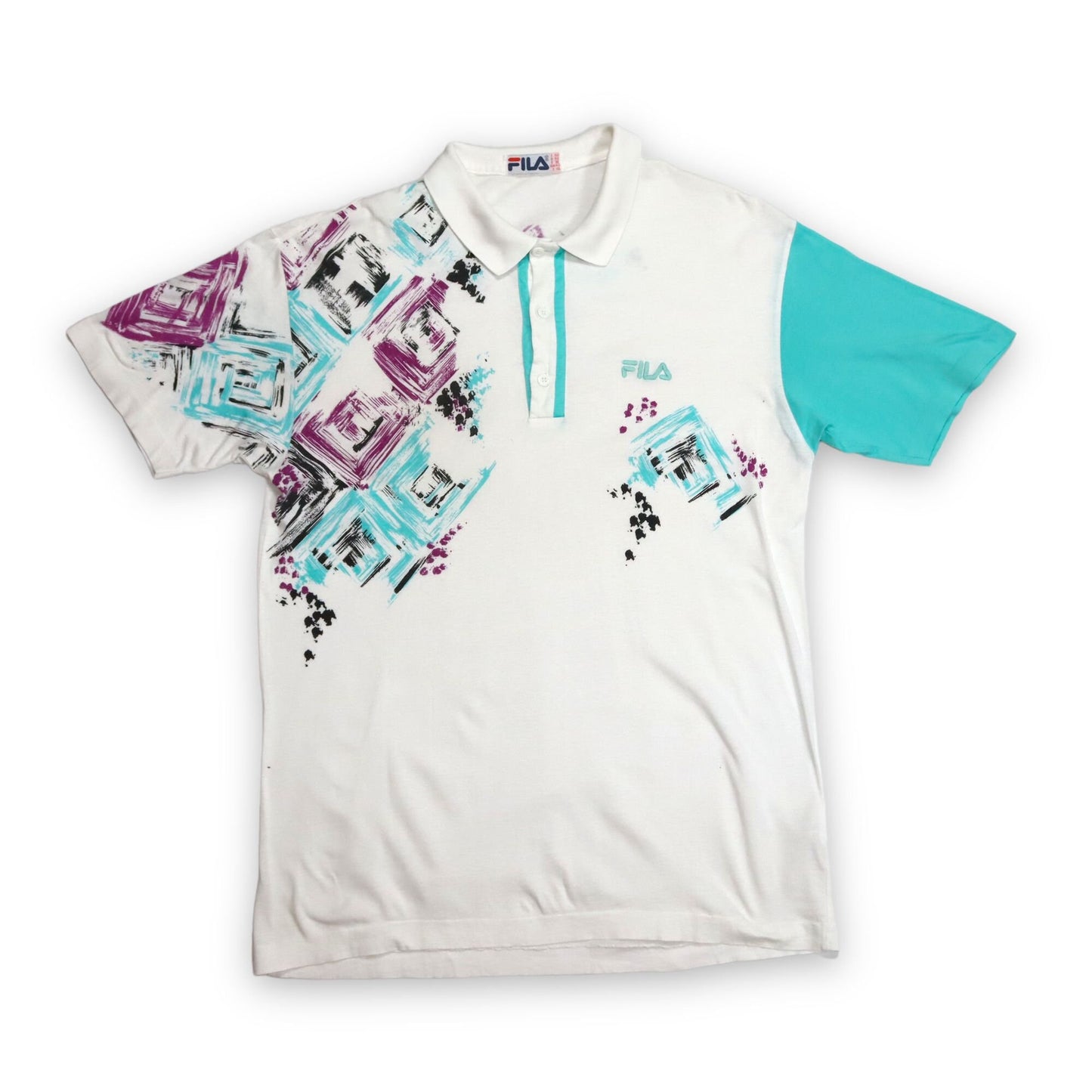 Vintage polo shirt T-shirt collar short-sleeved crazy pattern purple turquoise white FILA M
