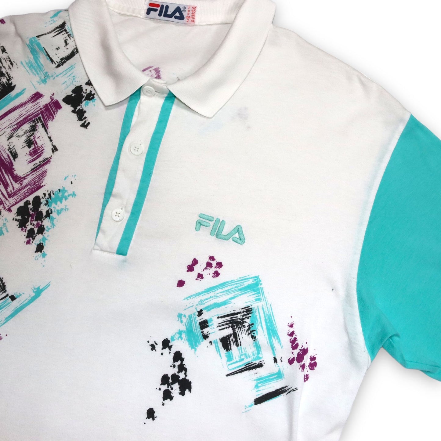 Vintage polo shirt T-shirt collar short-sleeved crazy pattern purple turquoise white FILA M