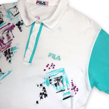 Vintage polo shirt T-shirt collar short-sleeved crazy pattern purple turquoise white FILA M