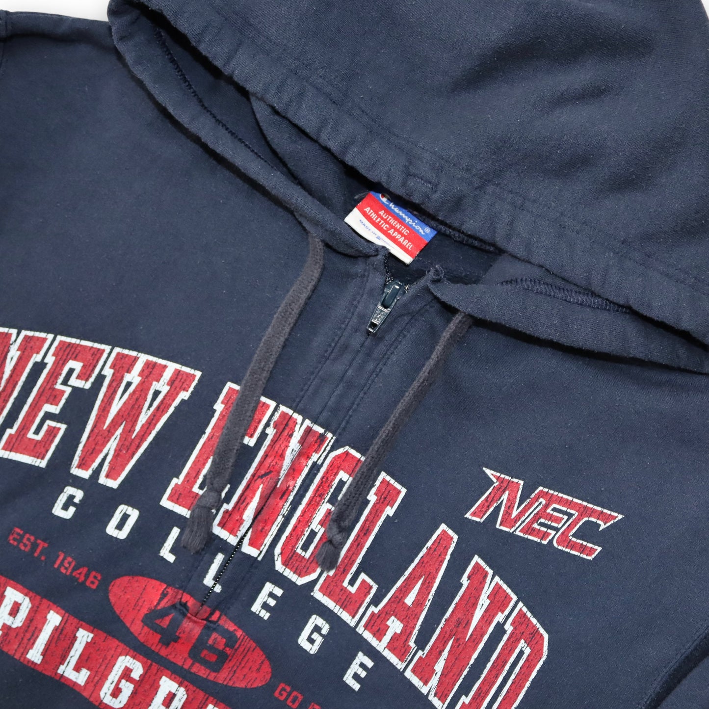 Vintage CHAMPION Hoodie Pullover Zipper New England College dunkelblau S