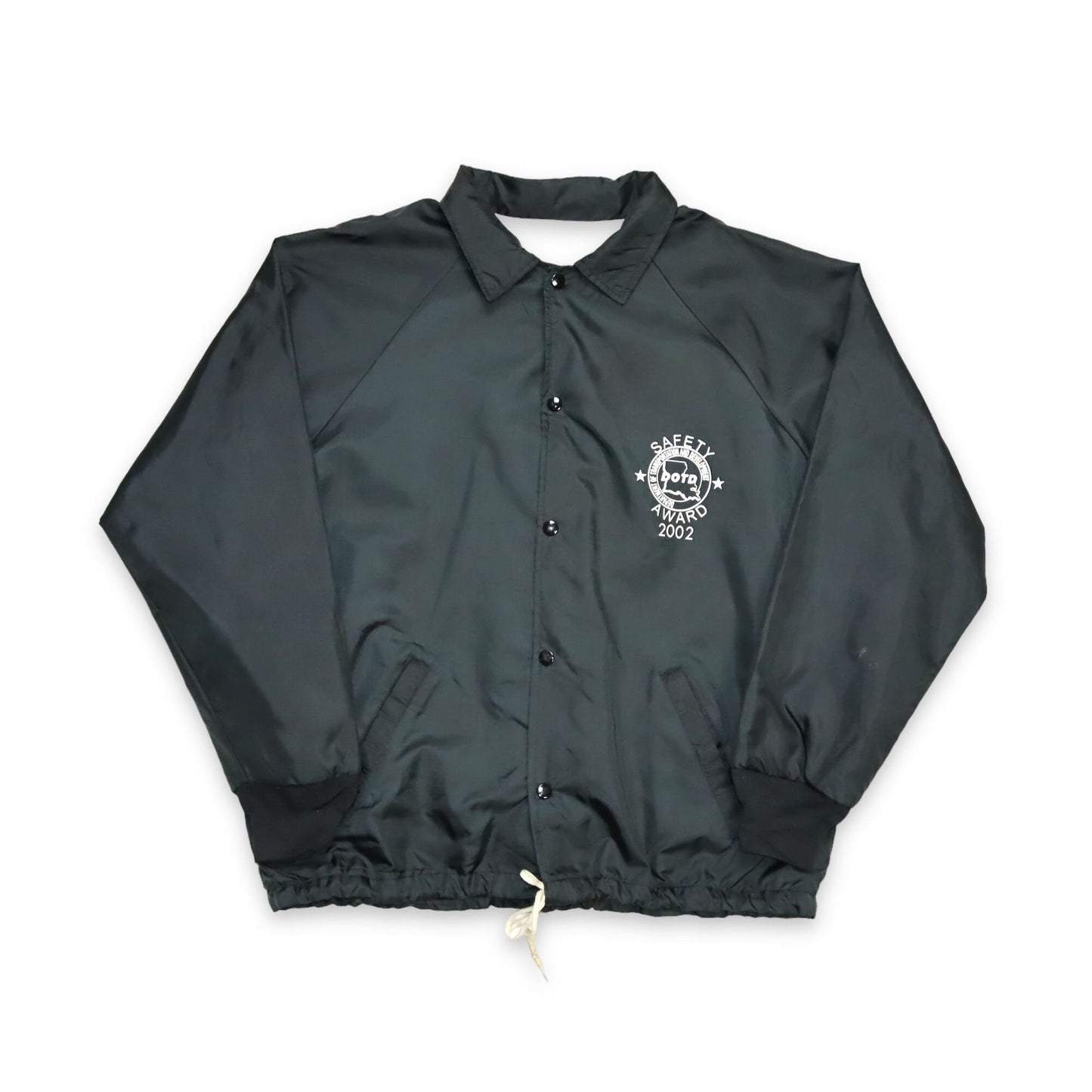 Vintage Y2K Windbreaker Jacke Knopfleiste schwarz Print Vorderseite L