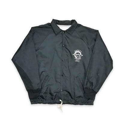 Vintage Y2K Windbreaker Jacke Knopfleiste schwarz Print Vorderseite L