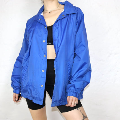 Vintage AUBURN Windbreaker Jacket Button Front Blue John Lee Paint Co. Print Back XL