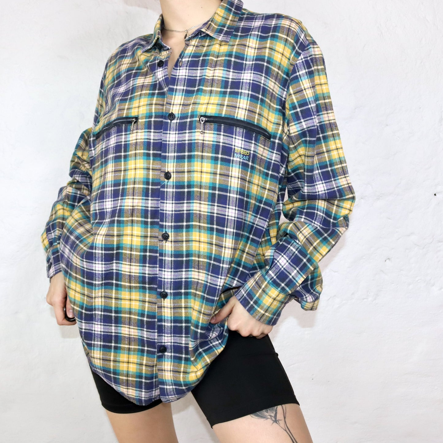 Vintage SPEED WEAR flannel shirt checked yellow purple XL
