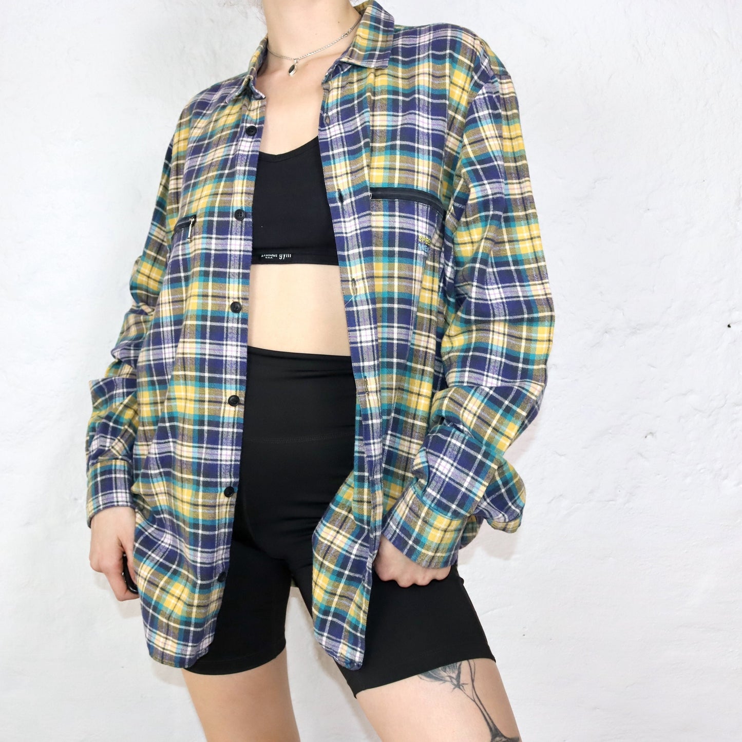 Vintage SPEED WEAR flannel shirt checked yellow purple XL