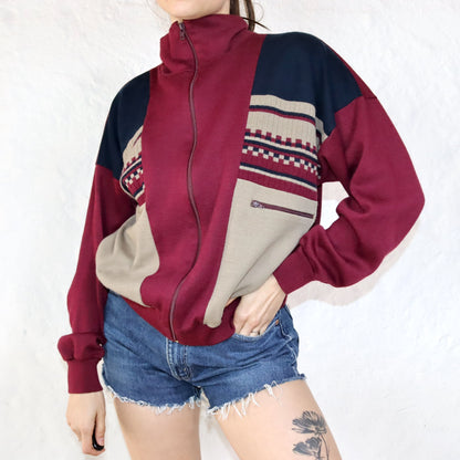 Vintage cardigan wool patterned dark red dark blue beige 44