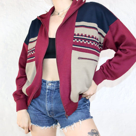Vintage cardigan wool patterned dark red dark blue beige 44