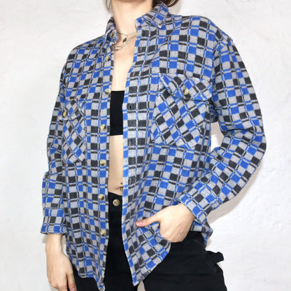 Vintage flannel shirt checked gray black blue M