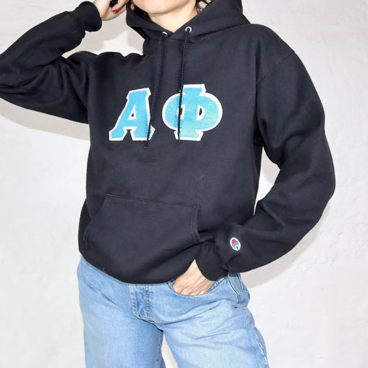 Vintage Hoodie Pullover Aufdruck College türkis schwarz